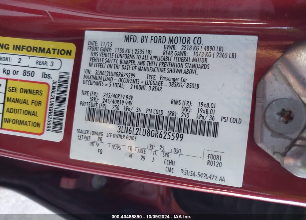 2016 LINCOLN MKZ HYBRID VIN: 3LN6L2LU8GR625599