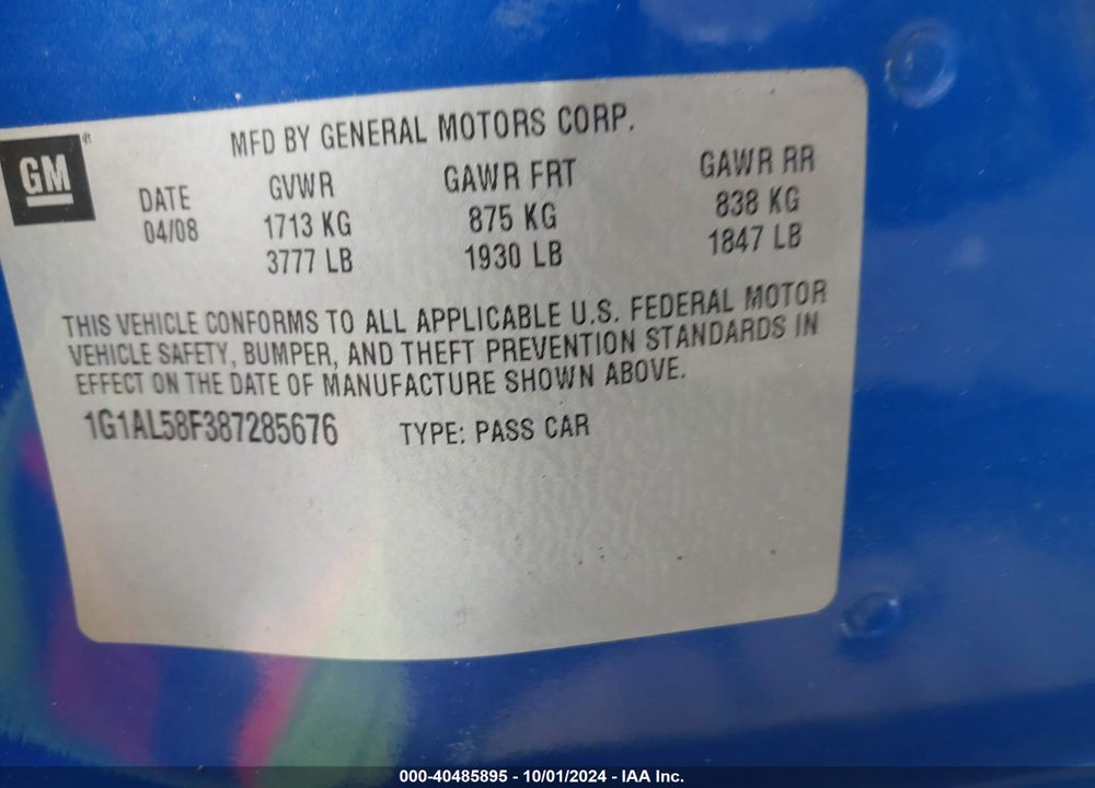 2008 CHEVROLET COBALT LT VIN: 1G1AL58F387285676