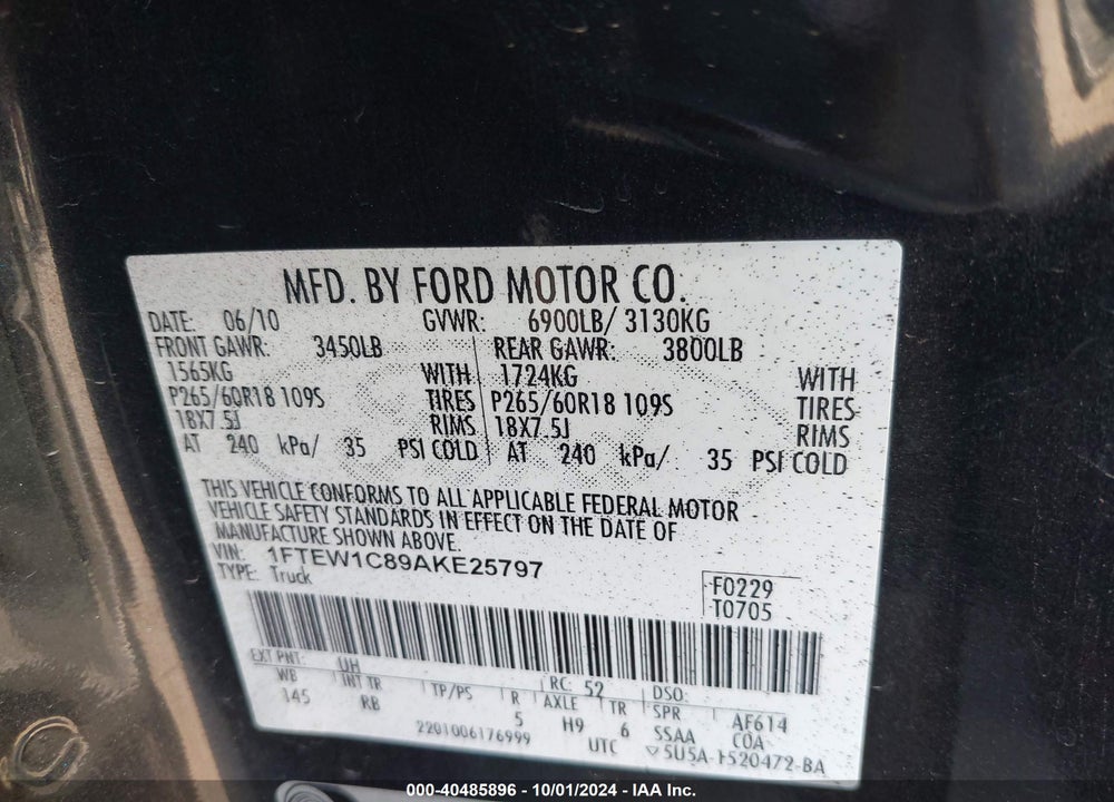 2010 FORD F-150 FX2 SPORT/XL/XLT VIN: 1FTEW1C89AKE25797