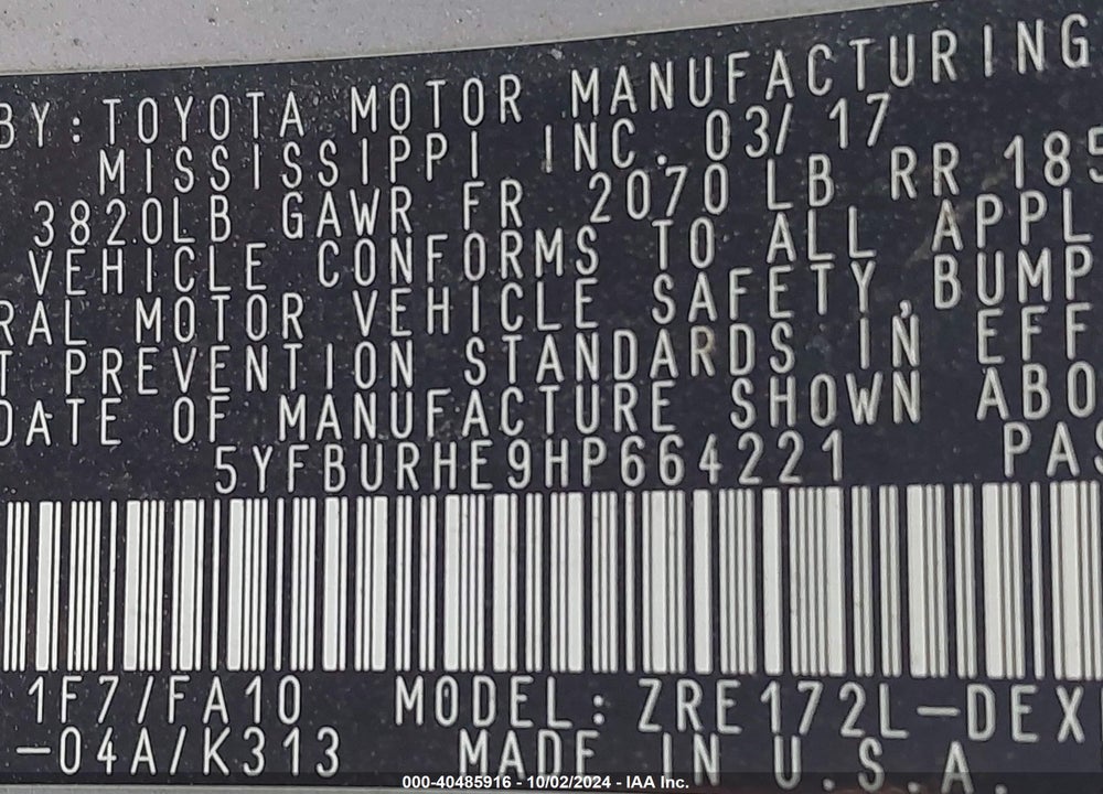 2017 TOYOTA COROLLA L VIN: 5YFBURHE9HP664221