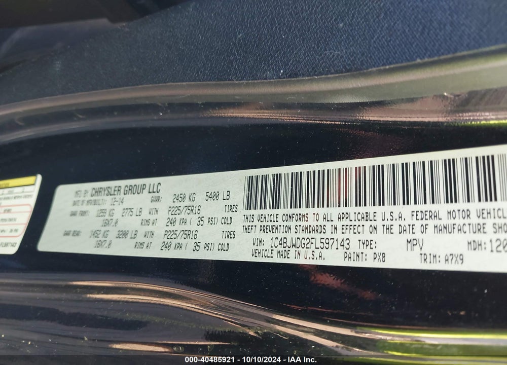 2015 JEEP WRANGLER UNLIMITED VIN: 1C4BJWDG2FL597143