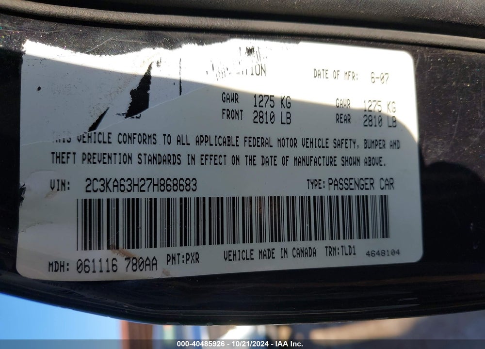 2007 CHRYSLER 300C VIN: 2C3KA63H27H868683