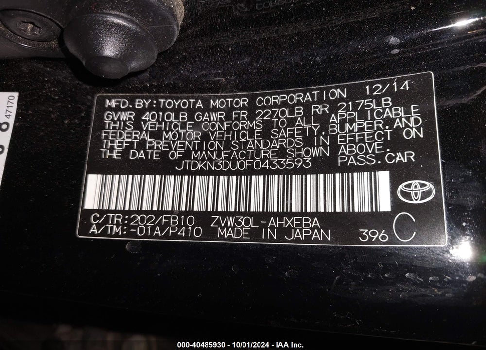 2015 TOYOTA PRIUS VIN: JTDKN3DU0F0433593
