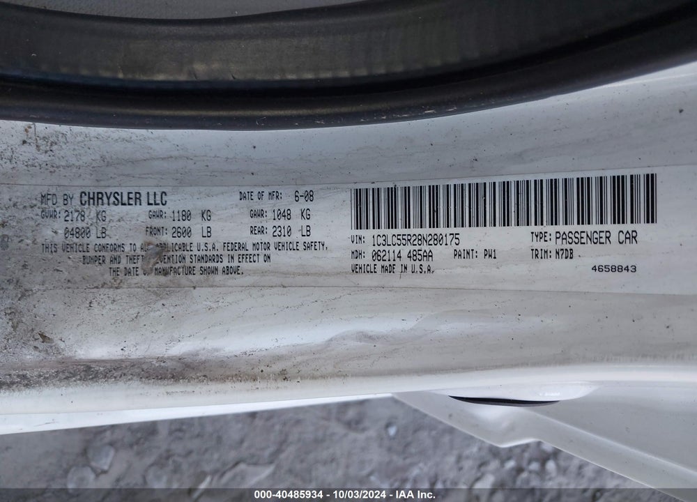 2008 CHRYSLER SEBRING TOURING VIN: 1C3LC55R28N280175