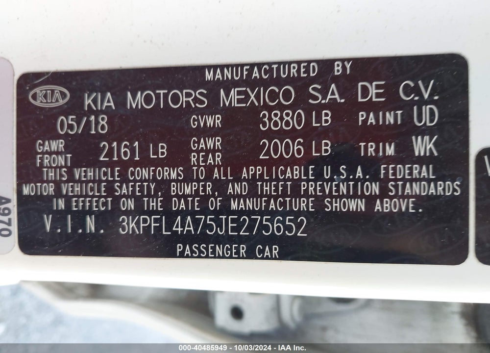 2018 KIA FORTE S VIN: 3KPFL4A75JE275652