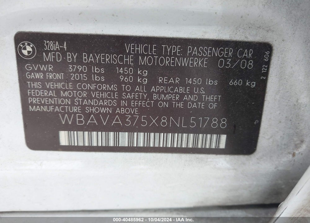 2008 BMW 328I VIN: WBAVA375X8NL51788