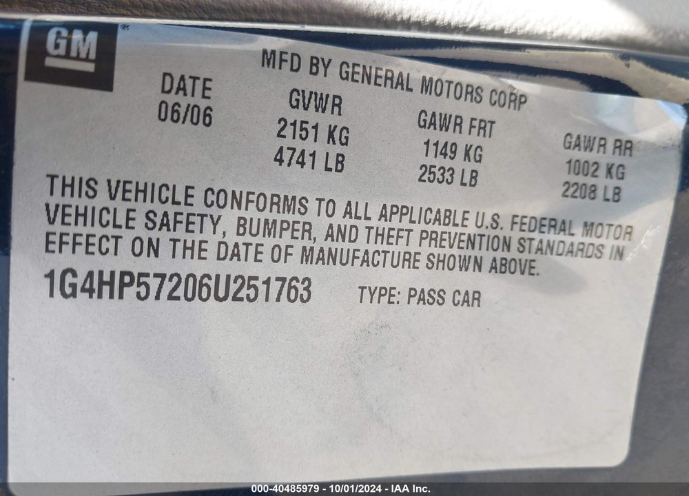 2006 BUICK LUCERNE CX VIN: 1G4HP57206U251763