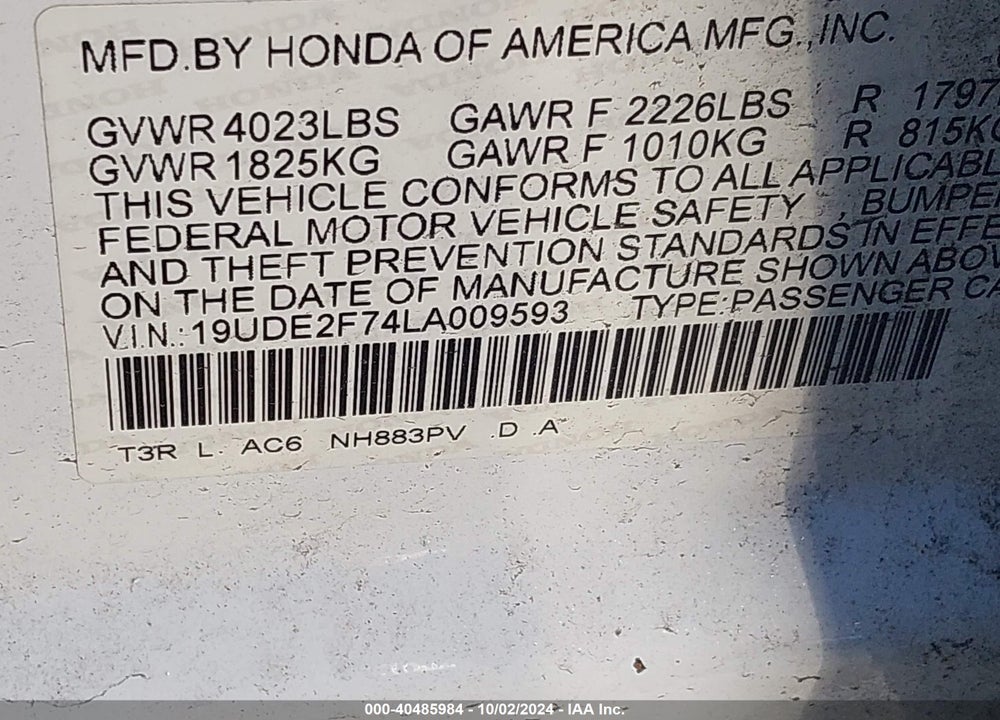 2020 ACURA ILX PREMIUM PACKAGE/TECHNOLOGY PACKAGE VIN: 19UDE2F74LA009593