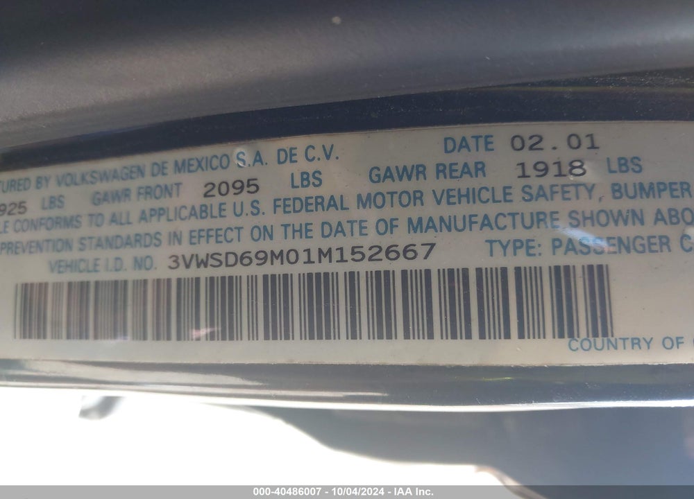 2001 VOLKSWAGEN JETTA GLS 1.8L TURBO VIN: 3VWSD69M01M152667