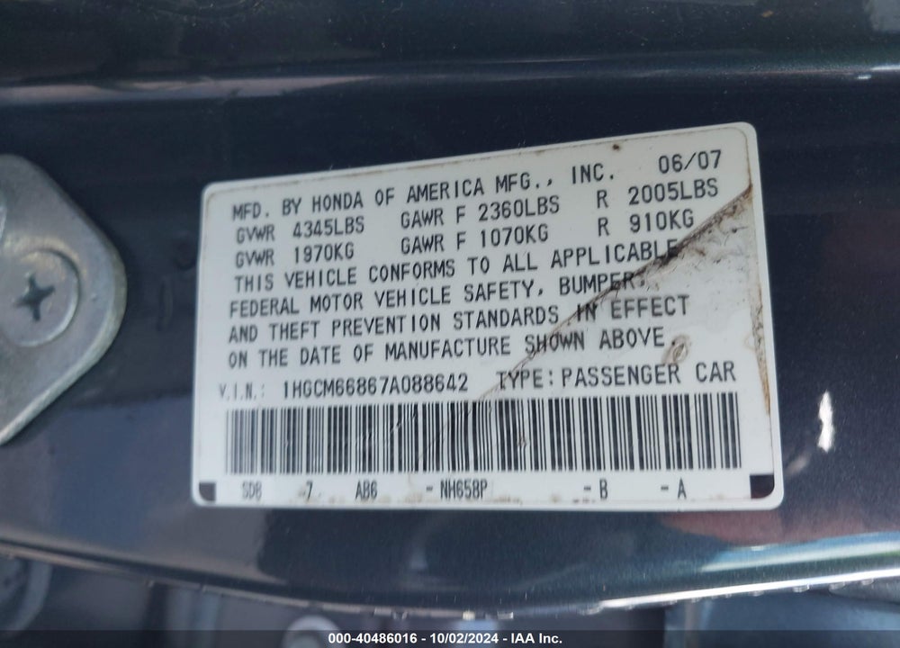 2007 HONDA ACCORD 3.0 EX VIN: 1HGCM66867A088642