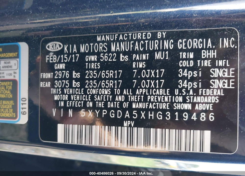 2017 KIA SORENTO 3.3L LX VIN: 5XYPGDA5XHG319486