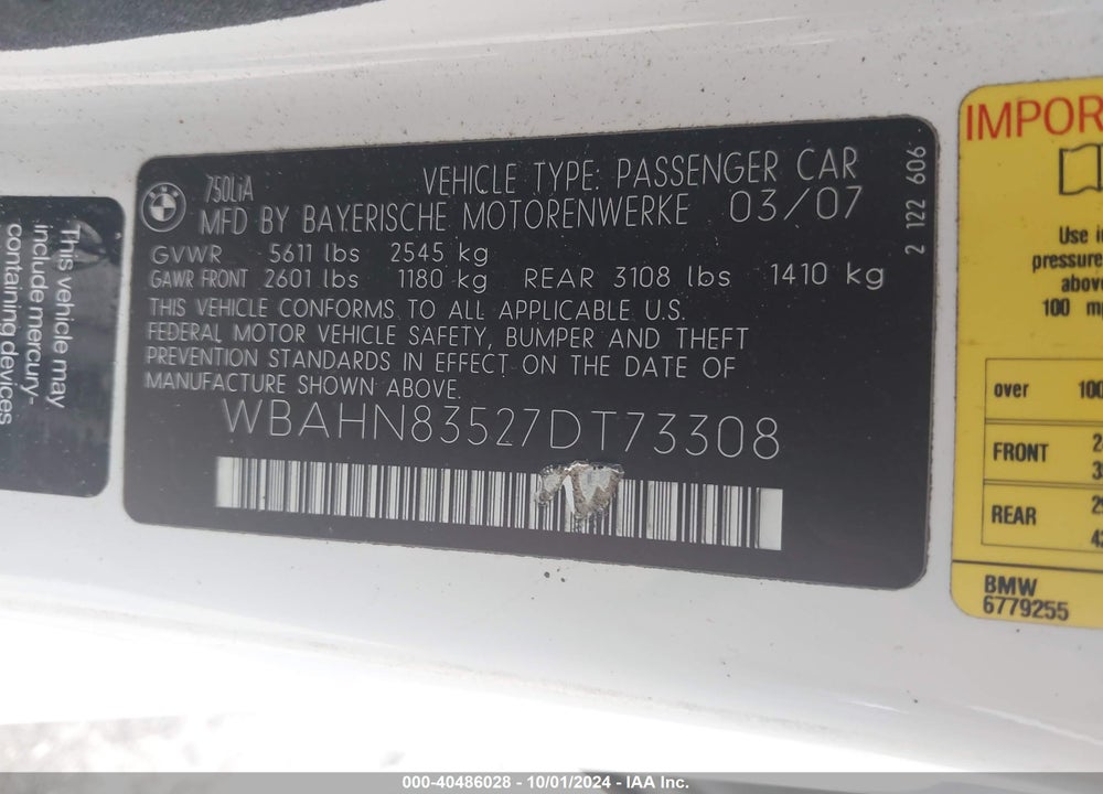 2007 BMW 750LI VIN: WBAHN83527DT73308