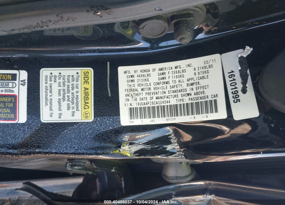 2012 ACURA TL AUTO VIN: 19UUA8F26CA004544