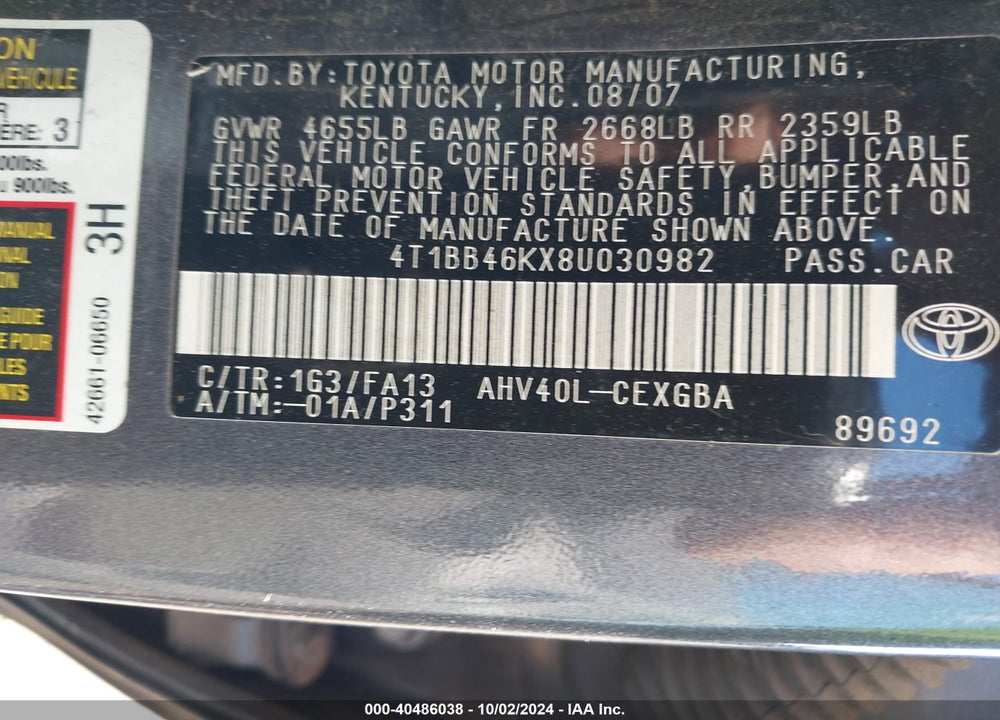 2008 TOYOTA CAMRY HYBRID VIN: 4T1BB46KX8U030982