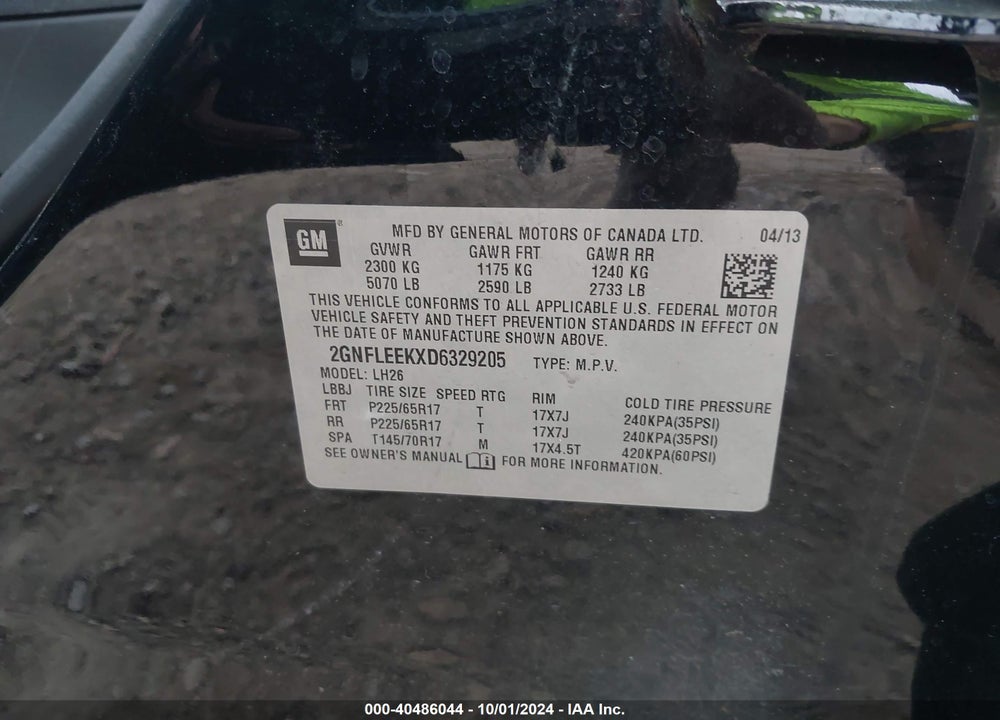 2013 CHEVROLET EQUINOX 1LT VIN: 2GNFLEEKXD6329205