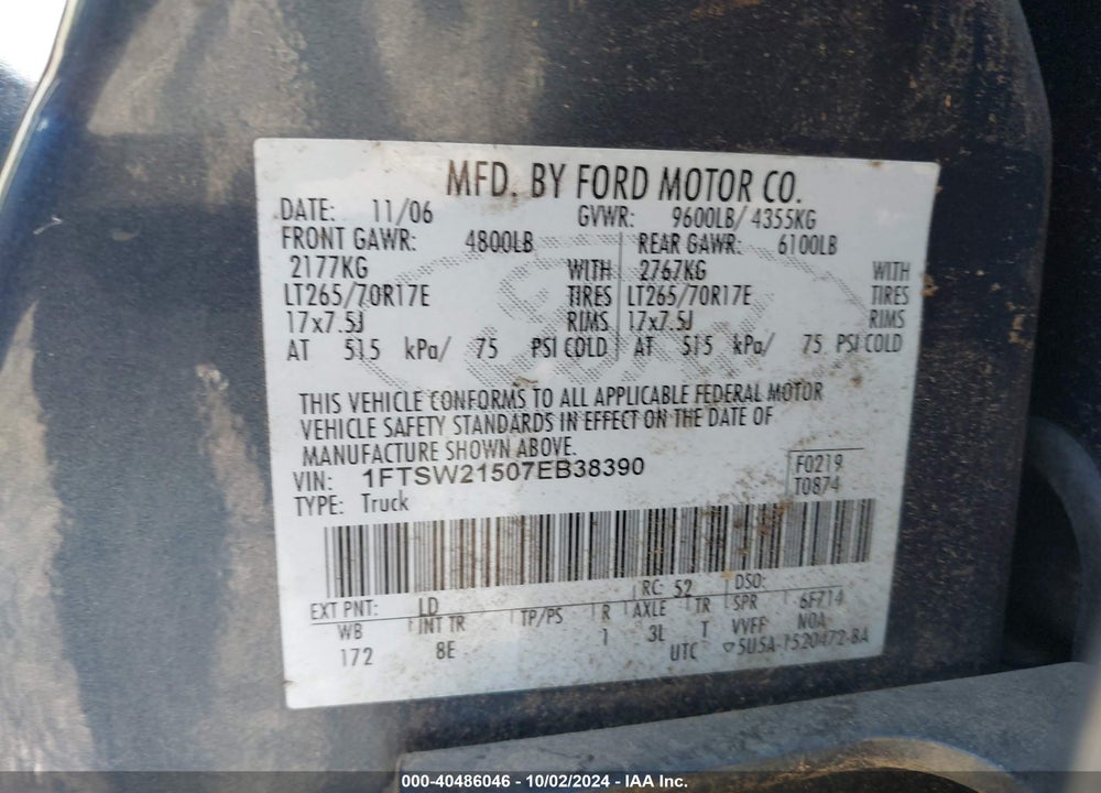 2007 FORD F-250 VIN: 1FTSW21507EB38390