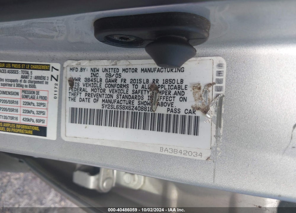 2006 PONTIAC VIBE VIN: 5Y2SL658X6Z408818