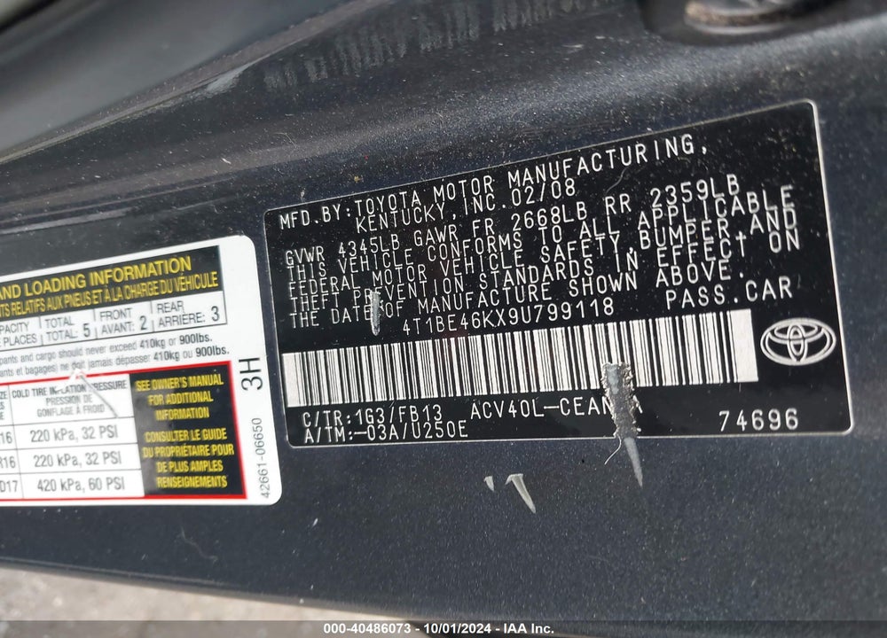 2009 TOYOTA CAMRY LE VIN: 4T1BE46KX9U799118