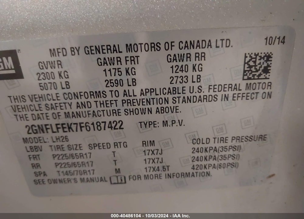 2015 CHEVROLET EQUINOX 1LT VIN: 2GNFLFEK7F6187422