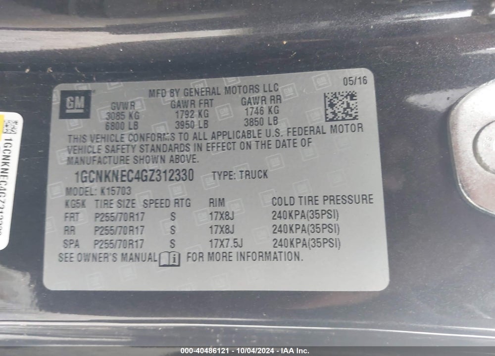 2016 CHEVROLET SILVERADO 1500 LS VIN: 1GCNKNEC4GZ312330
