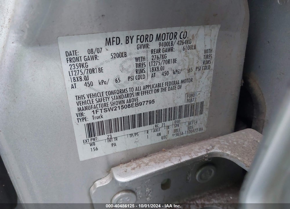2008 FORD F-250 FX4/KING RANCH/LARIAT/XL/XLT VIN: 1FTSW21508EB97795