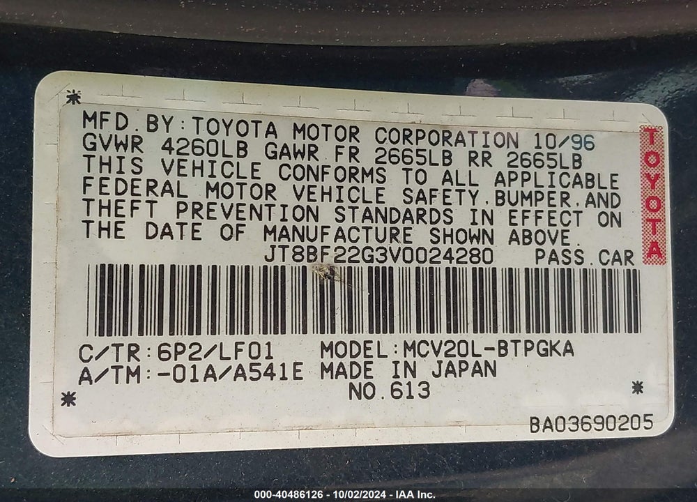 1997 LEXUS ES 300 VIN: JT8BF22G3V0024280