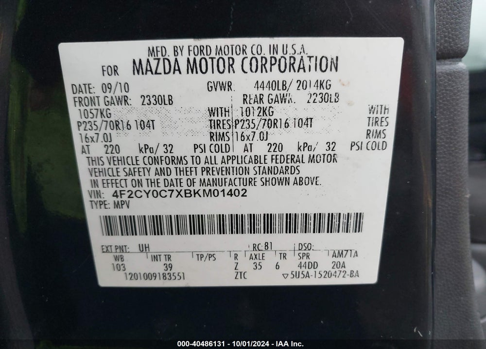 2011 MAZDA TRIBUTE I SPORT VIN: 4F2CY0C7XBKM01402