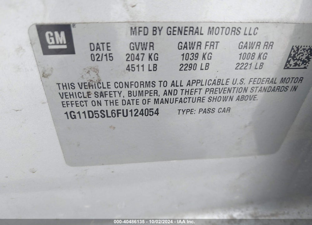2015 CHEVROLET MALIBU 2LT VIN: 1G11D5SL6FU124054