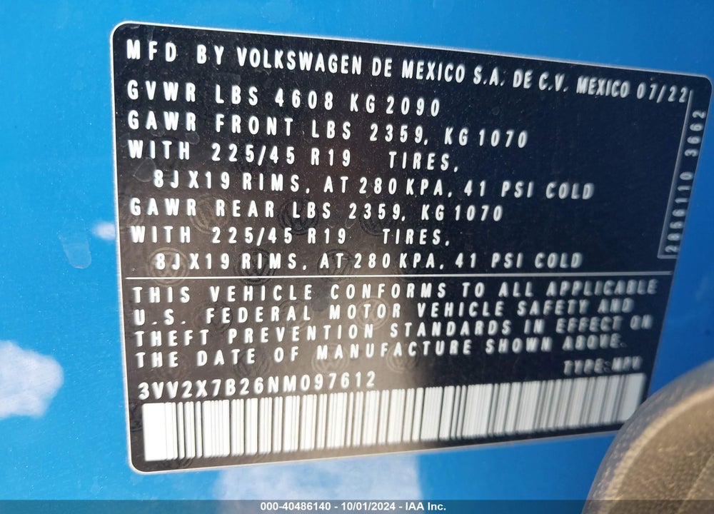 2022 VOLKSWAGEN TAOS 1.5T SEL VIN: 3VV2X7B26NM097612