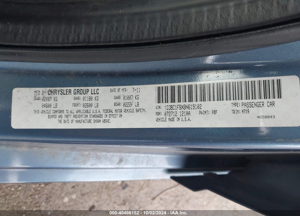 2011 CHRYSLER 200 TOURING VIN: 1C3BC1FBXBN619102