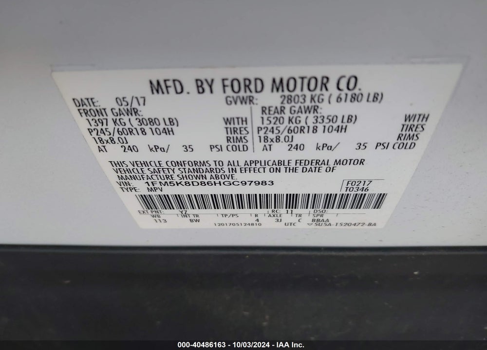 2017 FORD EXPLORER XLT VIN: 1FM5K8D86HGC97983