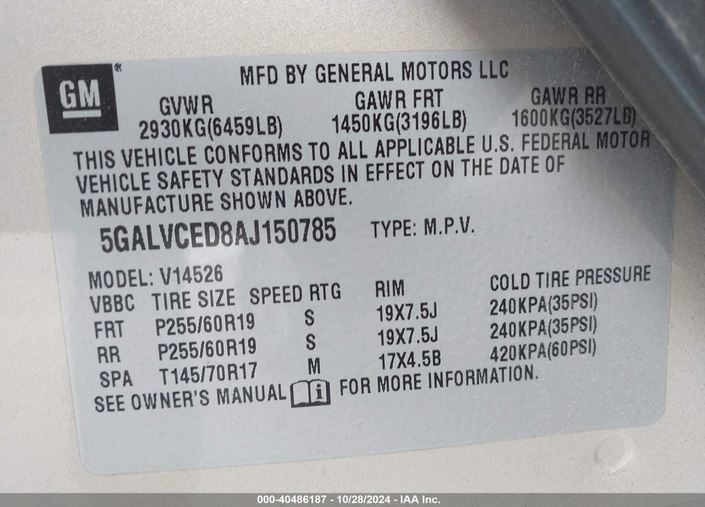 2010 BUICK ENCLAVE 2XL VIN: 5GALVCED8AJ150785