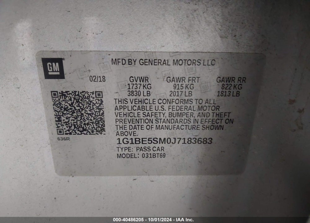 2018 CHEVROLET CRUZE LT AUTO VIN: 1G1BE5SM0J7183683