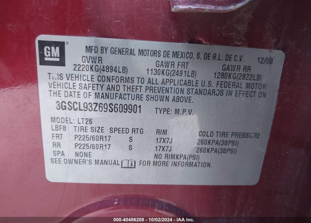 2009 SATURN VUE HYBRID 4-CYL BASE VIN: 3GSCL93Z69S609901