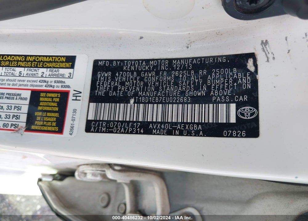2014 TOYOTA AVALON HYBRID XLE PREMIUM VIN: 4T1BD1EB7EU022683