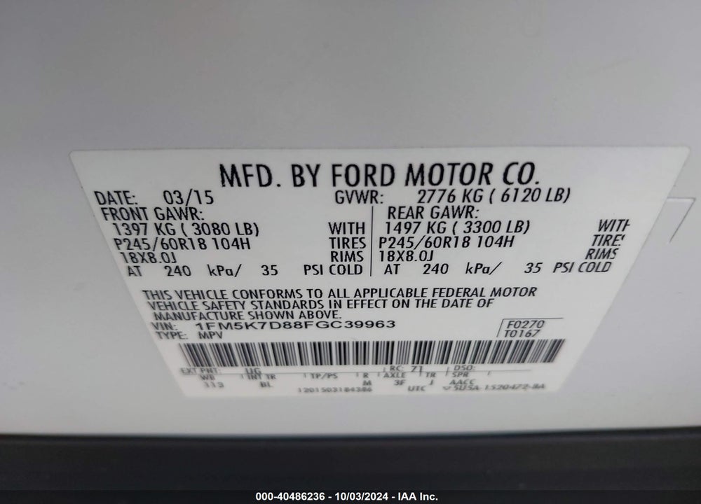 2015 FORD EXPLORER XLT VIN: 1FM5K7D88FGC39963