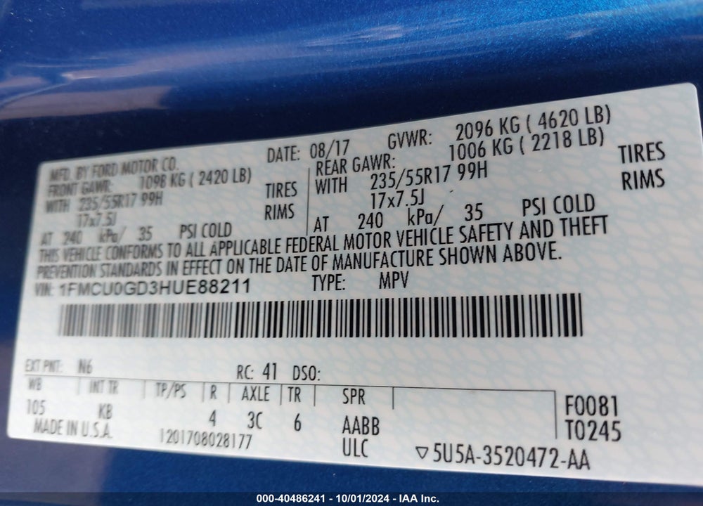 2017 FORD ESCAPE SE VIN: 1FMCU0GD3HUE88211