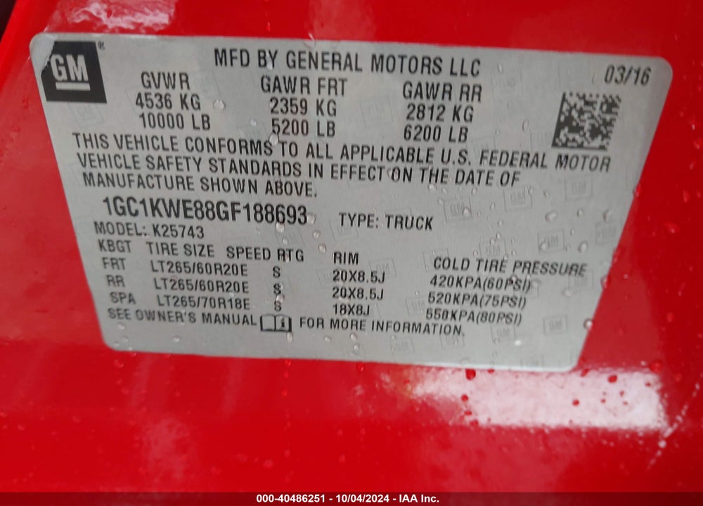 2016 CHEVROLET SILVERADO 2500HD LTZ VIN: 1GC1KWE88GF188693