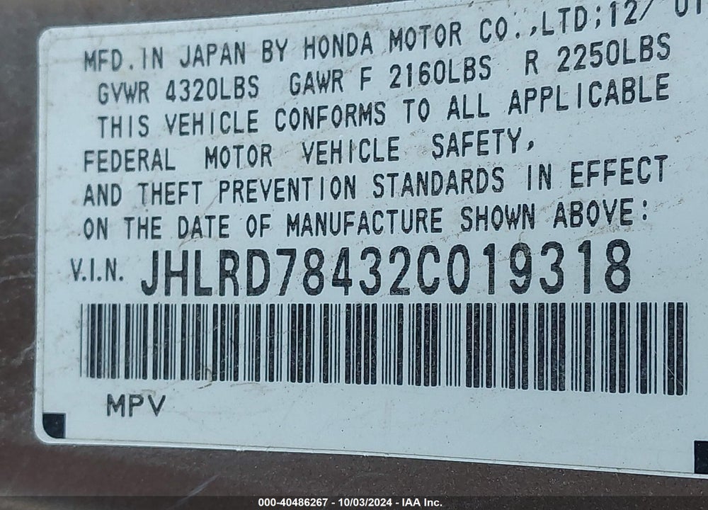 2002 HONDA CR-V LX VIN: JHLRD78432C019318