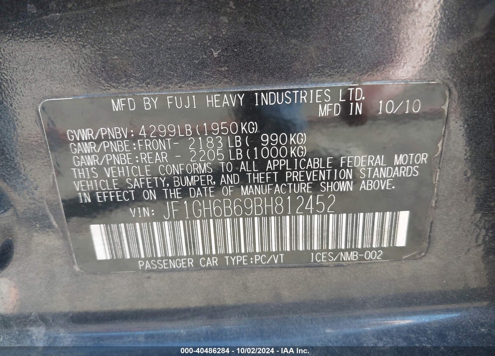 2011 SUBARU IMPREZA 2.5I PREMIUM VIN: JF1GH6B69BH812452