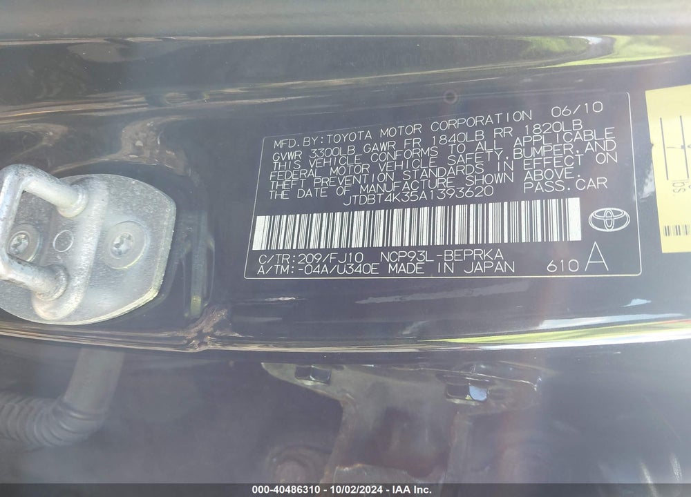 2010 TOYOTA YARIS VIN: JTDBT4K35A1393620
