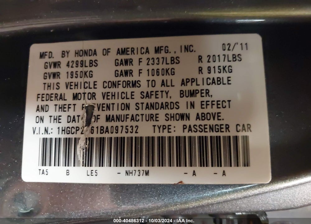 2011 HONDA ACCORD 2.4 SE VIN: 1HGCP2F61BA097532
