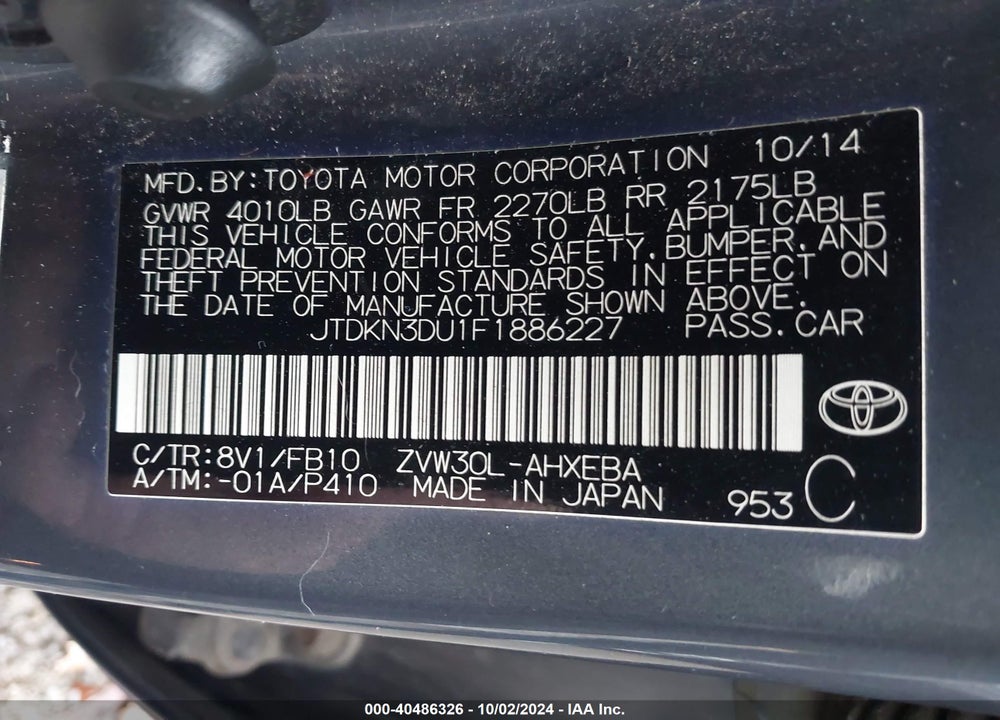 2015 TOYOTA PRIUS TWO VIN: JTDKN3DU1F1886227