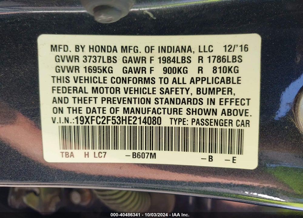 2017 HONDA CIVIC LX VIN: 19XFC2F53HE214080