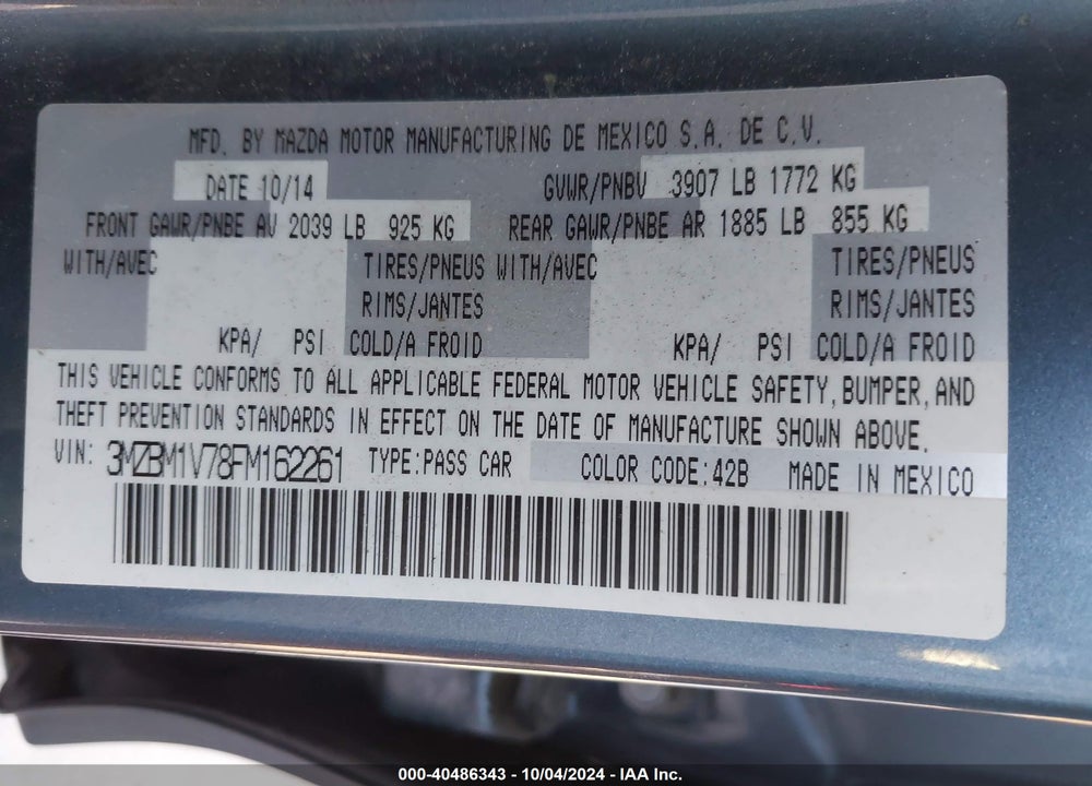 2015 MAZDA 3 VIN: 3MZBM1V78FM162261