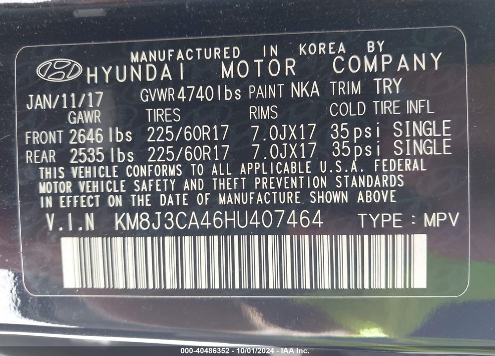 2017 HYUNDAI TUCSON SE PLUS VIN: KM8J3CA46HU407464