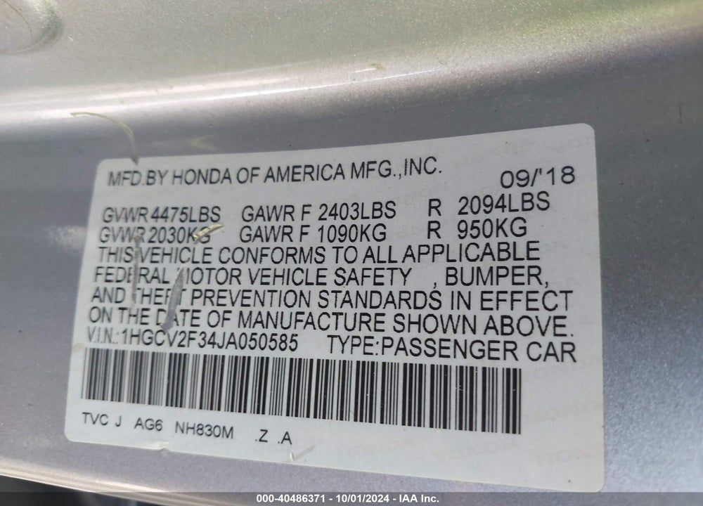 2018 HONDA ACCORD SPORT 2.0T VIN: 1HGCV2F34JA050585