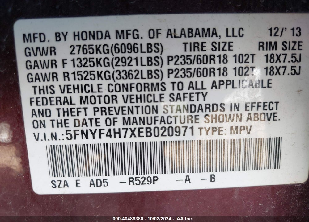 2014 HONDA PILOT EX-L VIN: 5FNYF4H7XEB020971