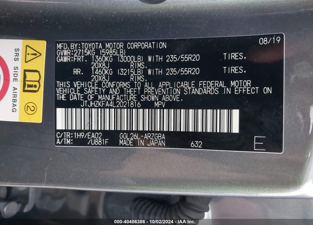 2020 LEXUS RX 350L VIN: JTJHZKFA4L2021816