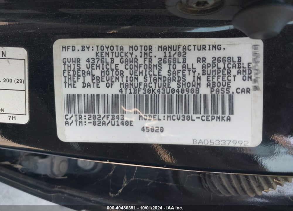 2003 TOYOTA CAMRY LE V6 VIN: 4T1BF30K43U040908